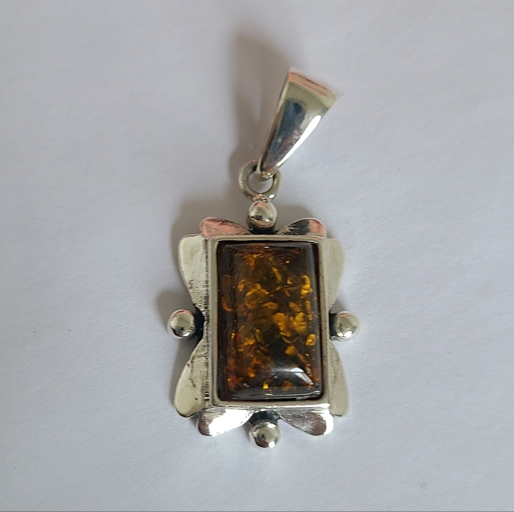 Vintage Sterling Silver Boho Western Chunky Square Orange Amber Pendant